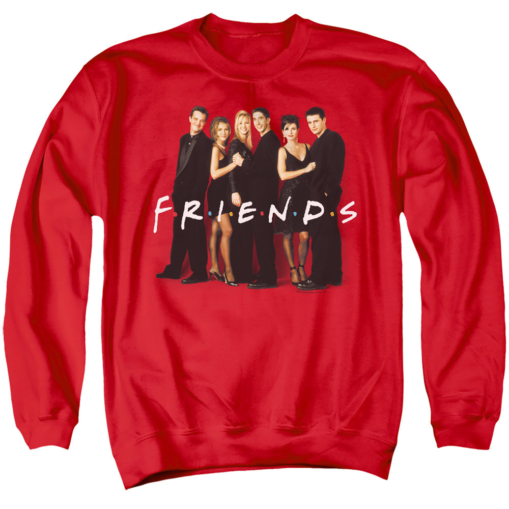 AN OFFCIALLY LICENSED FRIENDS CAST IN BLACK ADULT UNISEX CREWNECK SWEATSHIRT RED