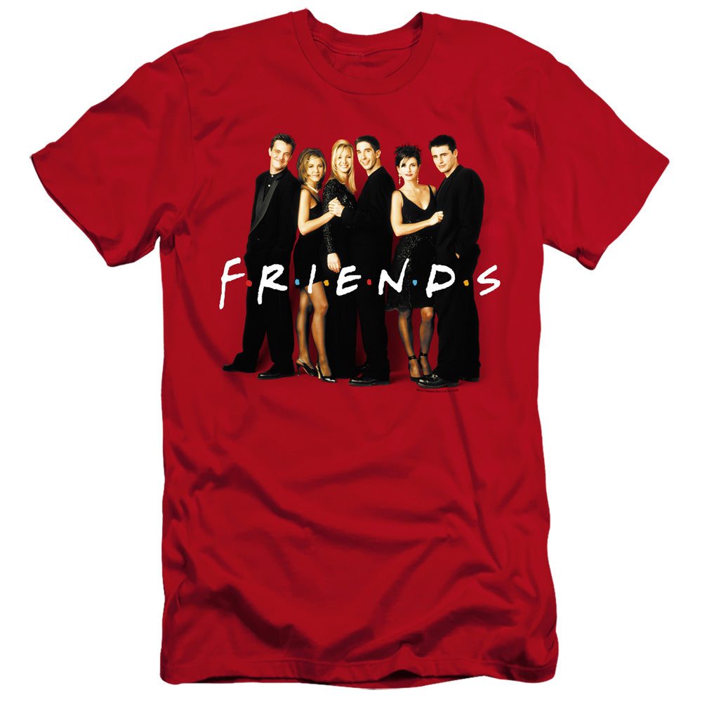 AN OFFCIALLY LICENSED FRIENDS CAST IN BLACK MEN'S PREMIUM SLIM FIT T-SHIRT RED