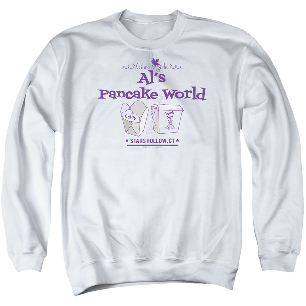 AN OFFCIALLY LICENSED GILMORE GIRLS ALS PANCAKE WORLD ADULT UNISEX CREWNECK SWEATSHIRT WHITE
