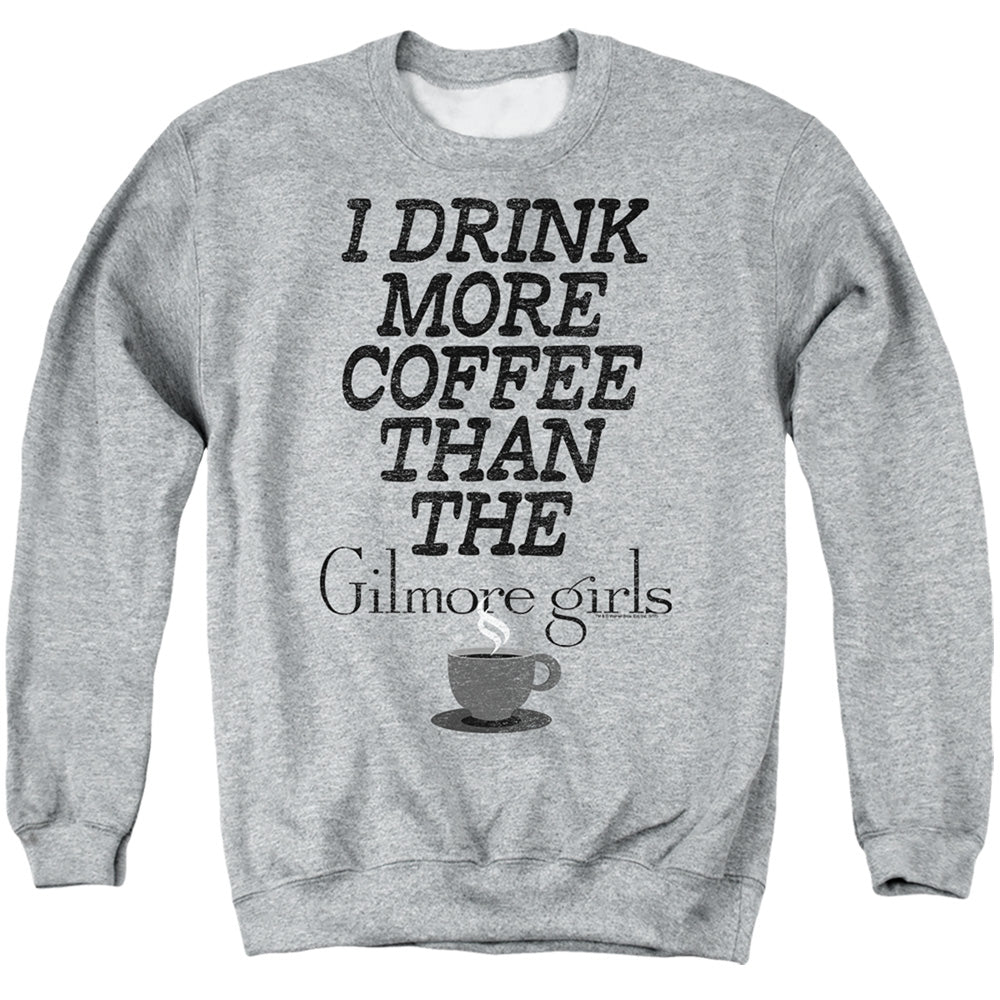 AN OFFCIALLY LICENSED GILMORE GIRLS MORE COFFEE ADULT UNISEX CREWNECK SWEATSHIRT ATHLETIC HEATHER