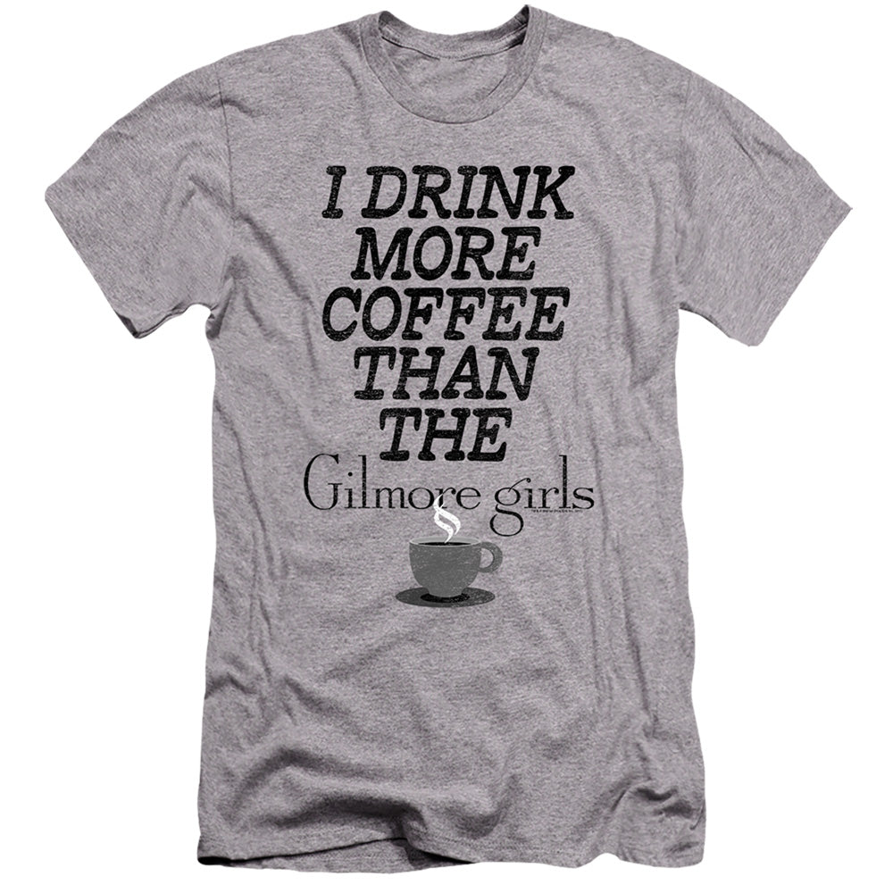 AN OFFCIALLY LICENSED GILMORE GIRLS MORE COFFEE MEN'S PREMIUM SLIM FIT T-SHIRT ATHLETIC HEATHER