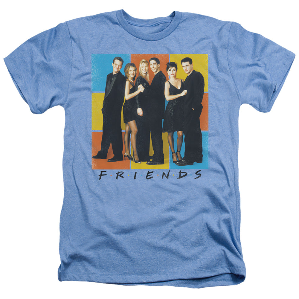 AN OFFCIALLY LICENSED FRIENDS COLOR BLOCK OF FRIENDS MEN'S HEATHER T-SHIRT LIGHT BLUE
