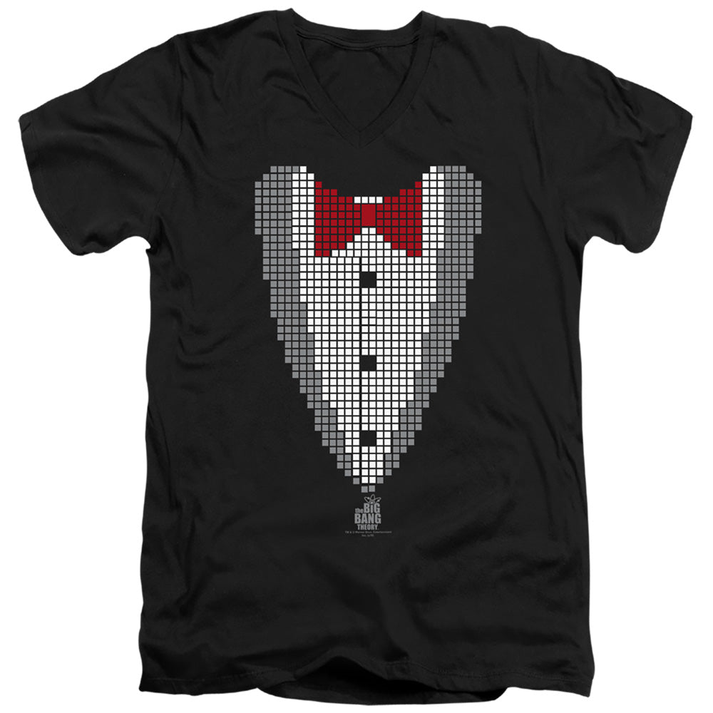 AN OFFCIALLY LICENSED BIG BANG THEORY PIXELATED TUX MEN'S V-NECK T-SHIRT BLACK