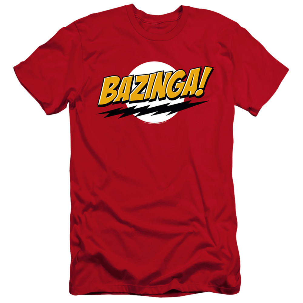 AN OFFCIALLY LICENSED BIG BANG THEORY BAZINGA MEN'S PREMIUM SLIM FIT T-SHIRT RED