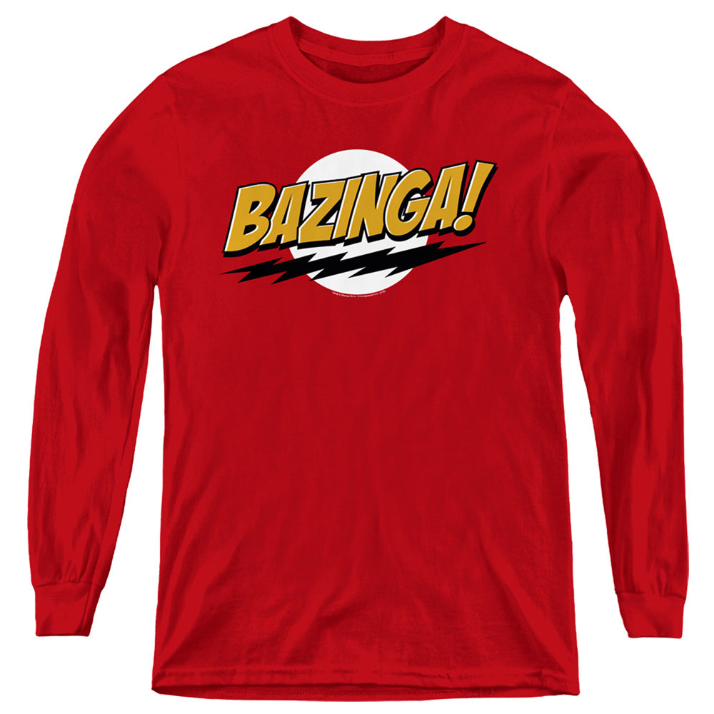 AN OFFCIALLY LICENSED BIG BANG THEORY BAZINGA YOUTH LONG SLEEVE T-SHIRT RED