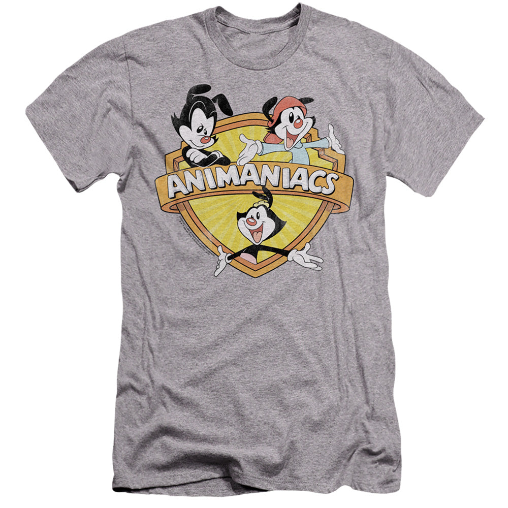 AN OFFCIALLY LICENSED ANIMANIACS SHIELDED ANIMANIACS MEN'S PREMIUM SLIM FIT T-SHIRT ATHLETIC HEATHER