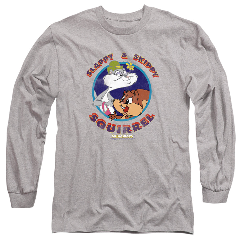 AN OFFCIALLY LICENSED ANIMANIACS SLAPPY AND SKIPPY SQUIRREL MEN'S LONG SLEEVE T-SHIRT ATHLETIC HEATHER