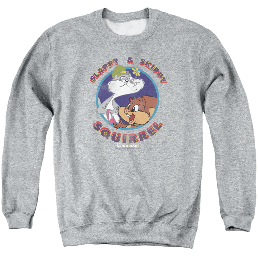 AN OFFCIALLY LICENSED ANIMANIACS SLAPPY AND SKIPPY SQUIRREL ADULT UNISEX CREWNECK SWEATSHIRT ATHLETIC HEATHER