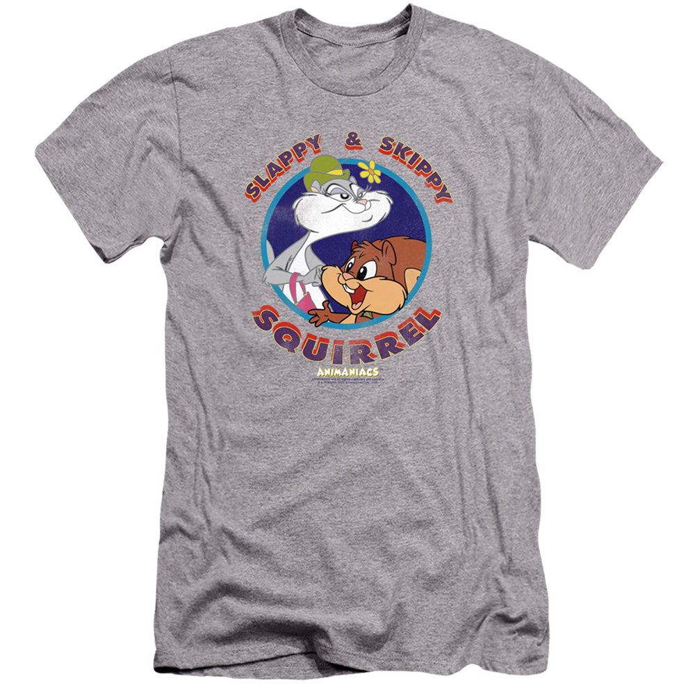 AN OFFCIALLY LICENSED ANIMANIACS SLAPPY AND SKIPPY SQUIRREL MEN'S PREMIUM SLIM FIT T-SHIRT ATHLETIC HEATHER