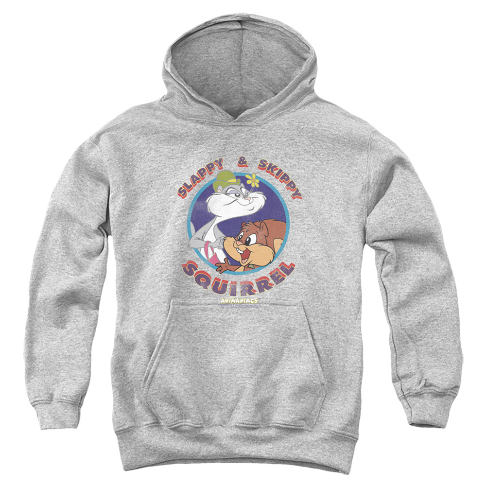 AN OFFCIALLY LICENSED ANIMANIACS SLAPPY AND SKIPPY SQUIRREL YOUTH HOODIE ATHLETIC HEATHER