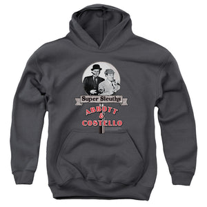 AN OFFCIALLY LICENSED ABBOTT & COSTELLO SUPER SLEUTHS YOUTH HOODIE CHARCOAL