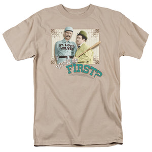 AN OFFCIALLY LICENSED ABBOTT & COSTELLO WHOS ON FIRST MEN'S REGULAR FIT T-SHIRT SAND