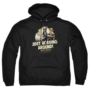 AN OFFCIALLY LICENSED ABBOTT & COSTELLO HORSING AROUND ADULT UNISEX PULLOVER HOODIE BLACK