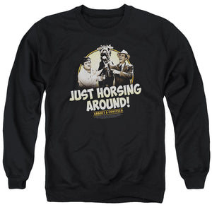 AN OFFCIALLY LICENSED ABBOTT & COSTELLO HORSING AROUND ADULT UNISEX CREWNECK SWEATSHIRT BLACK