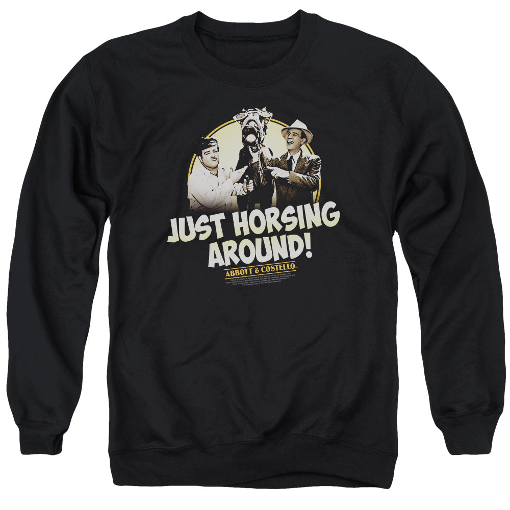 AN OFFCIALLY LICENSED ABBOTT & COSTELLO HORSING AROUND ADULT UNISEX CREWNECK SWEATSHIRT BLACK