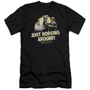 AN OFFCIALLY LICENSED ABBOTT & COSTELLO HORSING AROUND MEN'S PREMIUM SLIM FIT T-SHIRT BLACK