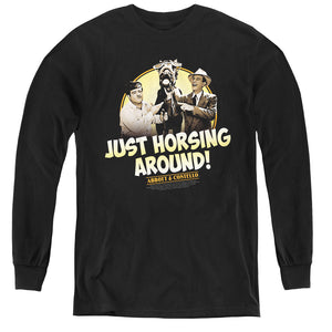 AN OFFCIALLY LICENSED ABBOTT & COSTELLO HORSING AROUND YOUTH LONG SLEEVE T-SHIRT BLACK