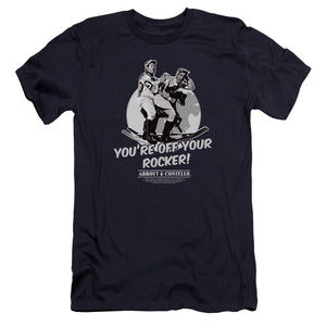 AN OFFCIALLY LICENSED ABBOTT & COSTELLO OFF YOUR ROCKER MEN'S PREMIUM SLIM FIT T-SHIRT NAVY