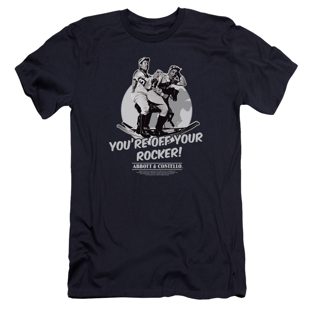 AN OFFCIALLY LICENSED ABBOTT & COSTELLO OFF YOUR ROCKER MEN'S PREMIUM SLIM FIT T-SHIRT NAVY