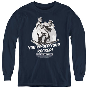 AN OFFCIALLY LICENSED ABBOTT & COSTELLO OFF YOUR ROCKER YOUTH LONG SLEEVE T-SHIRT NAVY