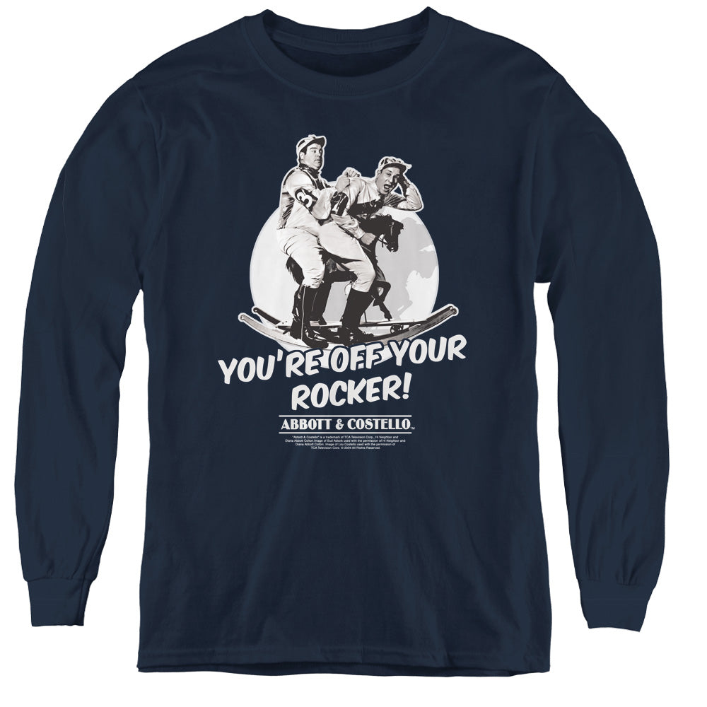 AN OFFCIALLY LICENSED ABBOTT & COSTELLO OFF YOUR ROCKER YOUTH LONG SLEEVE T-SHIRT NAVY