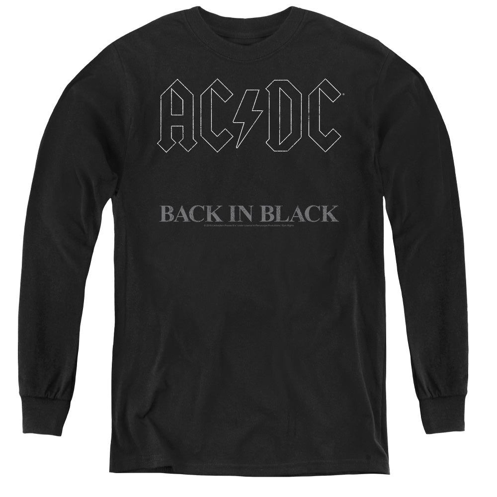 AN OFFCIALLY LICENSED ACDC BACK IN BLACK YOUTH LONG SLEEVE T-SHIRT BLACK
