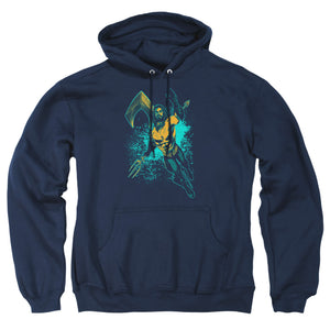 AN OFFCIALLY LICENSED AQUAMAN MOVIE MAKE A SPLASH ADULT UNISEX PULLOVER HOODIE NAVY