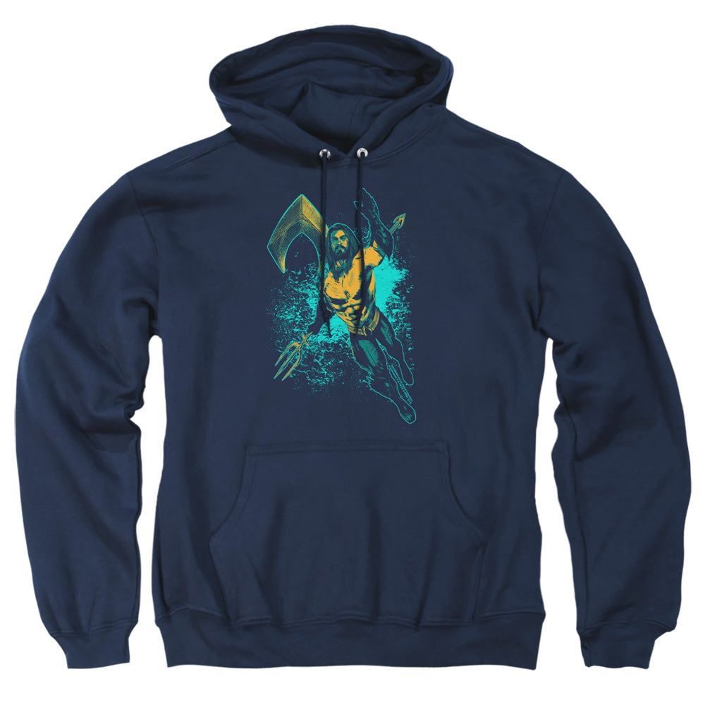 AN OFFCIALLY LICENSED AQUAMAN MOVIE MAKE A SPLASH ADULT UNISEX PULLOVER HOODIE NAVY