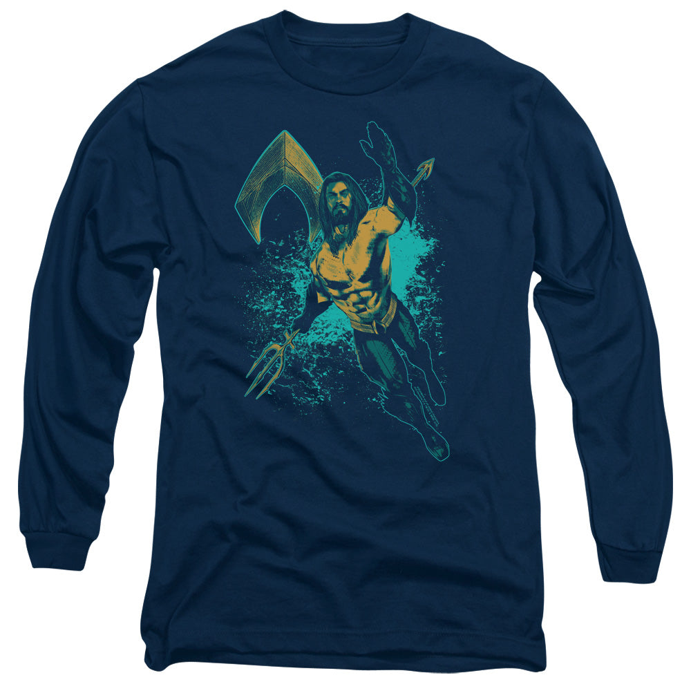 AN OFFCIALLY LICENSED AQUAMAN MOVIE MAKE A SPLASH MEN'S LONG SLEEVE T-SHIRT NAVY