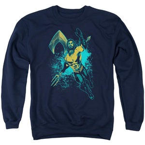 AN OFFCIALLY LICENSED AQUAMAN MOVIE MAKE A SPLASH ADULT UNISEX CREWNECK SWEATSHIRT NAVY