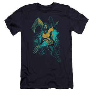 AN OFFCIALLY LICENSED AQUAMAN MOVIE MAKE A SPLASH MEN'S PREMIUM SLIM FIT T-SHIRT NAVY