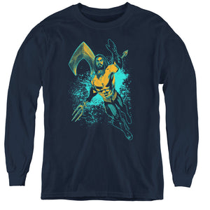 AN OFFCIALLY LICENSED AQUAMAN MOVIE MAKE A SPLASH YOUTH LONG SLEEVE T-SHIRT NAVY