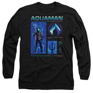 AN OFFCIALLY LICENSED AQUAMAN AND THE LOST KINGDOM AQUAMAN STATS MEN'S LONG SLEEVE T-SHIRT BLACK