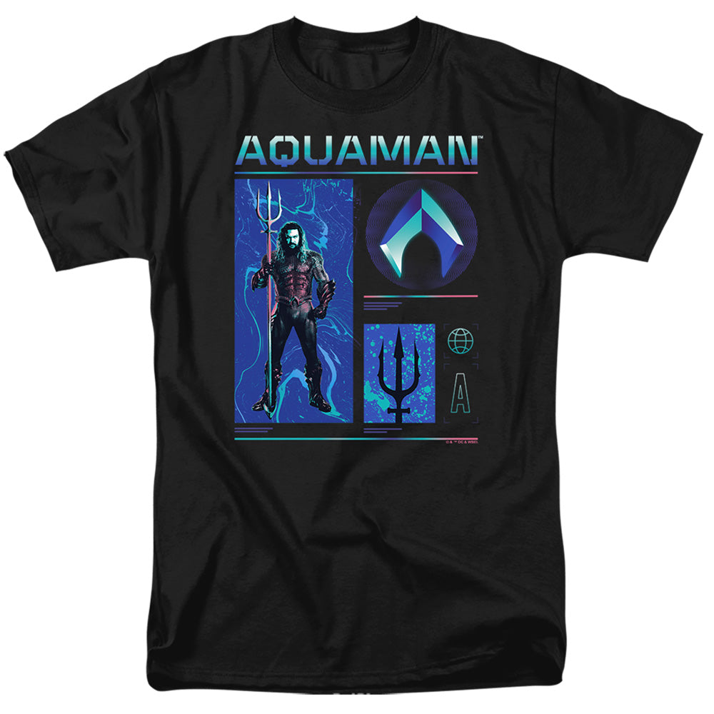 AN OFFCIALLY LICENSED AQUAMAN AND THE LOST KINGDOM AQUAMAN STATS MEN'S REGULAR FIT T-SHIRT BLACK