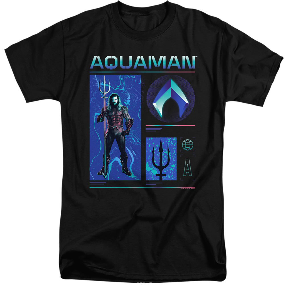 AN OFFCIALLY LICENSED AQUAMAN AND THE LOST KINGDOM AQUAMAN STATS MEN'S TALL FIT T-SHIRT BLACK