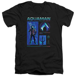 AN OFFCIALLY LICENSED AQUAMAN AND THE LOST KINGDOM AQUAMAN STATS MEN'S V-NECK T-SHIRT BLACK