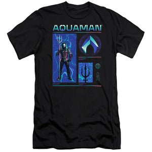 AN OFFCIALLY LICENSED AQUAMAN AND THE LOST KINGDOM AQUAMAN STATS MEN'S PREMIUM SLIM FIT T-SHIRT BLACK
