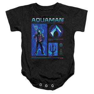 AN OFFCIALLY LICENSED AQUAMAN AND THE LOST KINGDOM AQUAMAN STATS BABY BODYSUIT BLACK