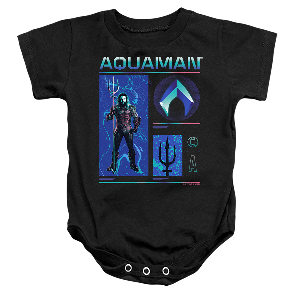 AN OFFCIALLY LICENSED AQUAMAN AND THE LOST KINGDOM AQUAMAN STATS BABY BODYSUIT BLACK