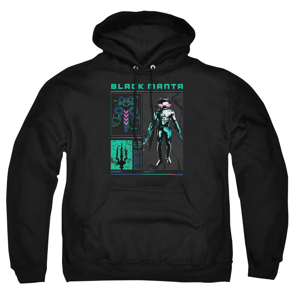 AN OFFCIALLY LICENSED AQUAMAN AND THE LOST KINGDOM BLACK MANTA STATS ADULT UNISEX PULLOVER HOODIE BLACK