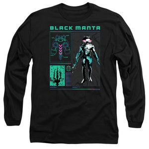 AN OFFCIALLY LICENSED AQUAMAN AND THE LOST KINGDOM BLACK MANTA STATS MEN'S LONG SLEEVE T-SHIRT BLACK