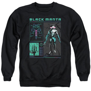 AN OFFCIALLY LICENSED AQUAMAN AND THE LOST KINGDOM BLACK MANTA STATS ADULT UNISEX CREWNECK SWEATSHIRT BLACK