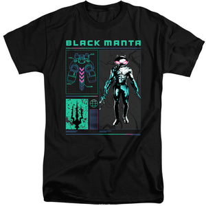 AN OFFCIALLY LICENSED AQUAMAN AND THE LOST KINGDOM BLACK MANTA STATS MEN'S TALL FIT T-SHIRT BLACK