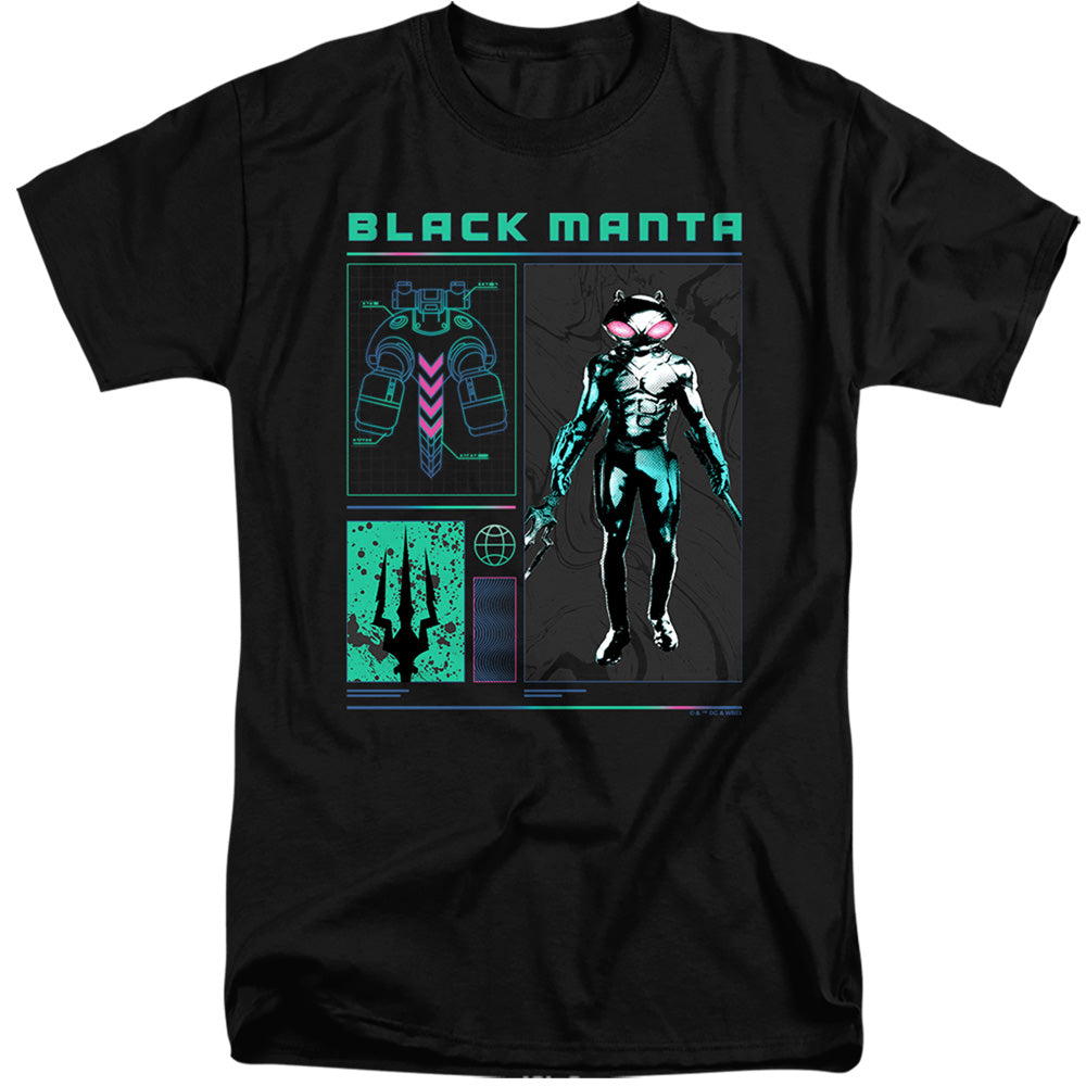 AN OFFCIALLY LICENSED AQUAMAN AND THE LOST KINGDOM BLACK MANTA STATS MEN'S TALL FIT T-SHIRT BLACK