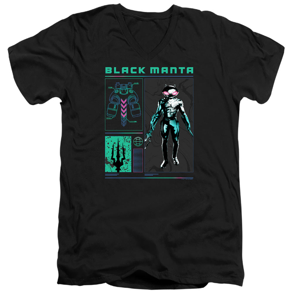 AN OFFCIALLY LICENSED AQUAMAN AND THE LOST KINGDOM BLACK MANTA STATS MEN'S V-NECK T-SHIRT BLACK