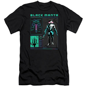 AN OFFCIALLY LICENSED AQUAMAN AND THE LOST KINGDOM BLACK MANTA STATS MEN'S PREMIUM SLIM FIT T-SHIRT BLACK
