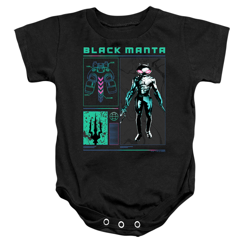 AN OFFCIALLY LICENSED AQUAMAN AND THE LOST KINGDOM BLACK MANTA STATS BABY BODYSUIT BLACK