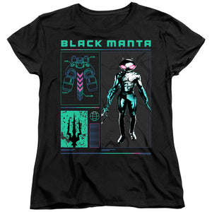 AN OFFCIALLY LICENSED AQUAMAN AND THE LOST KINGDOM BLACK MANTA STATS WOMEN'S REGULAR FIT T-SHIRT BLACK