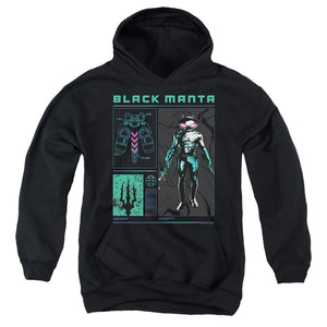 AN OFFCIALLY LICENSED AQUAMAN AND THE LOST KINGDOM BLACK MANTA STATS YOUTH HOODIE BLACK