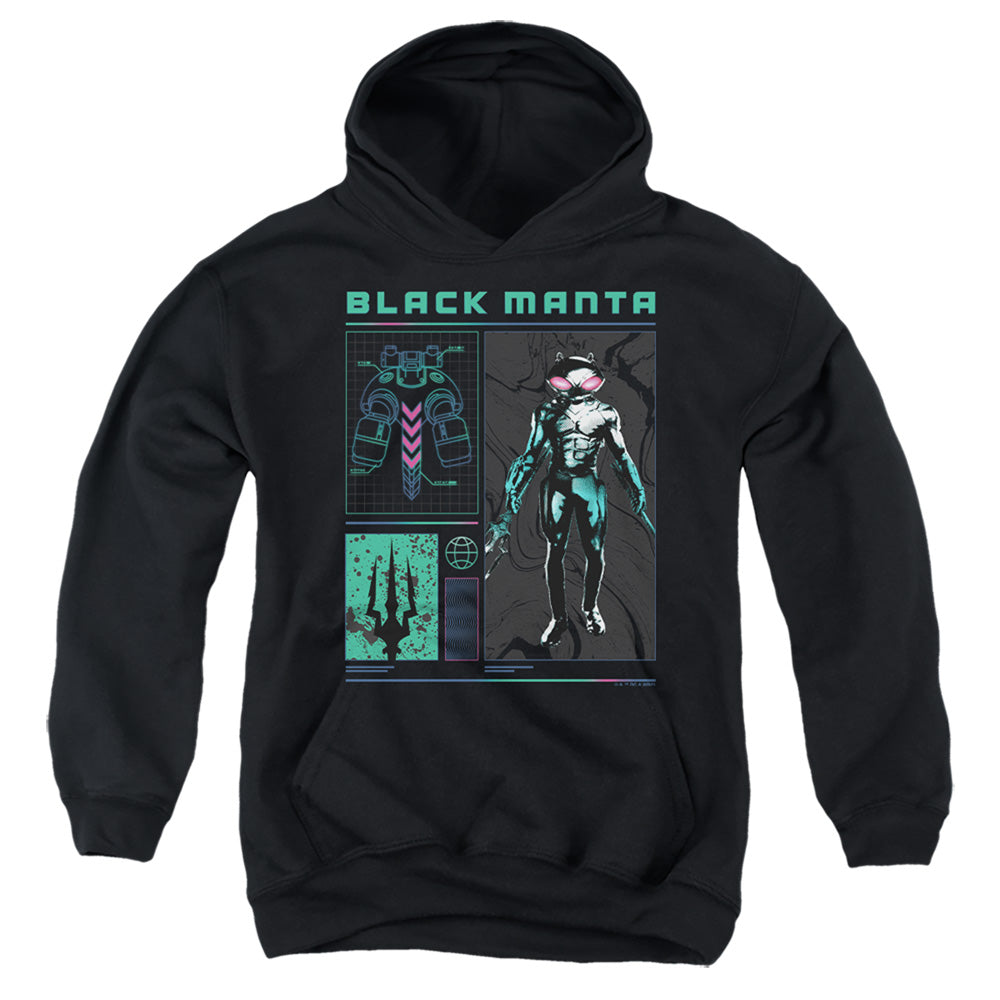 AN OFFCIALLY LICENSED AQUAMAN AND THE LOST KINGDOM BLACK MANTA STATS YOUTH HOODIE BLACK